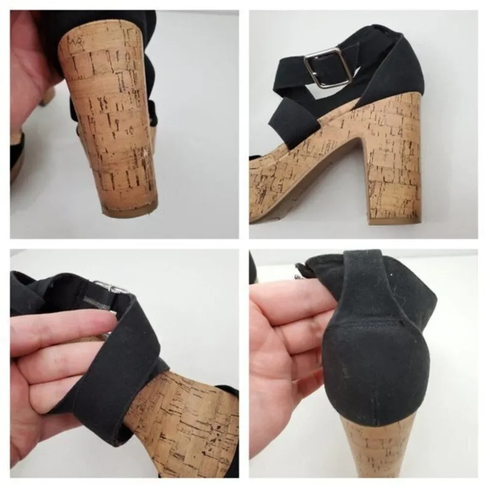 American Eagle Heels 10 Black Faux Cork Vegan Strappy Platform Tan Sandals